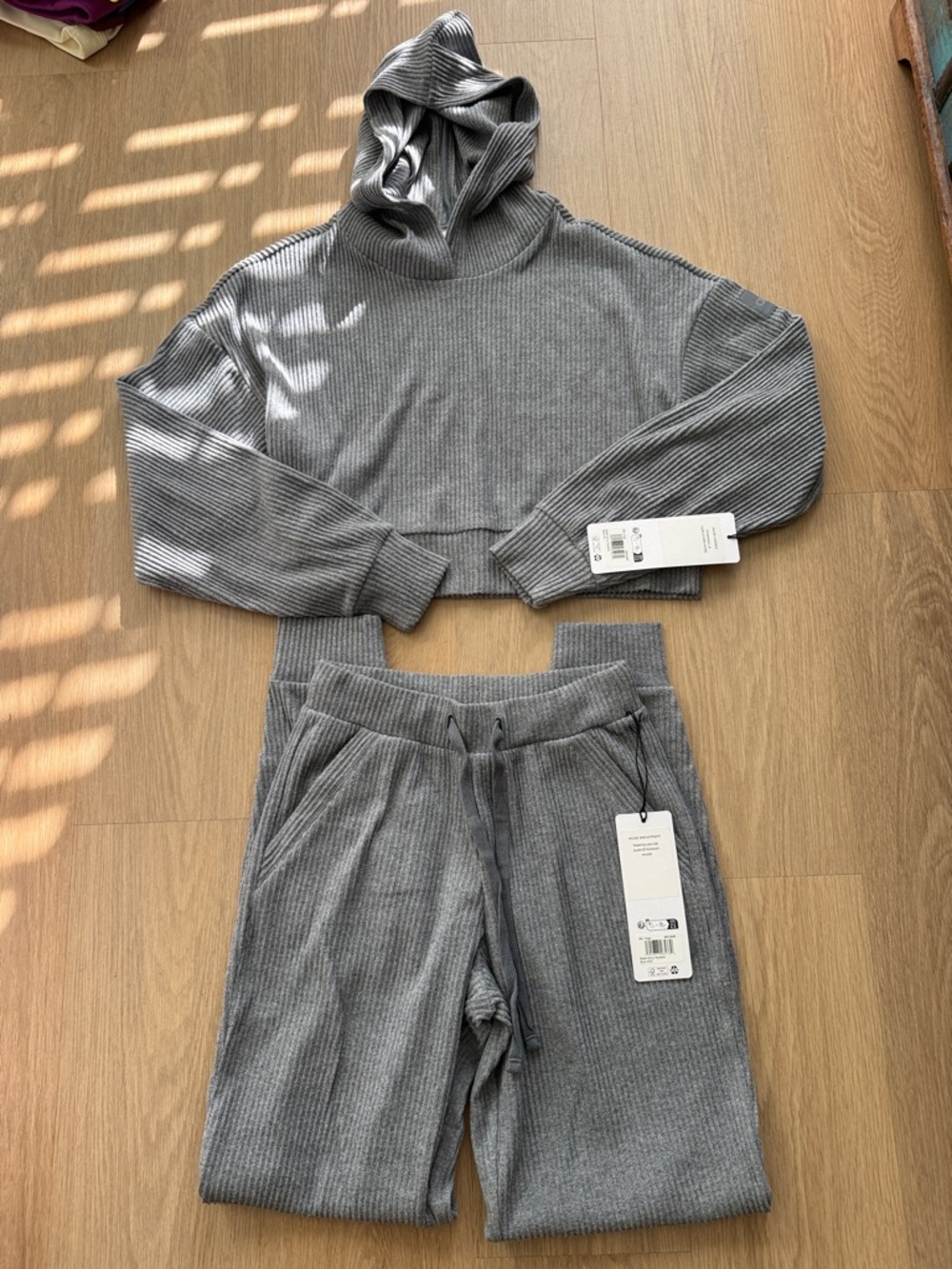 ALO Yoga Gray Blue Ribbed Muse Hoodie and Sweatpants